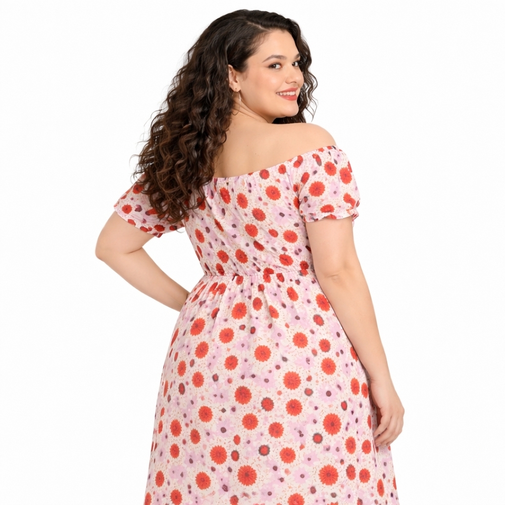 Torrid Retro Chic 1X Floral Pink Gauze Puff Sleeve Off Shoulder Midi Dress Pocke - Picture 12 of 16